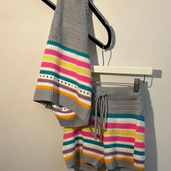 2 Piece Crochet Halter & Shorts Outfit Candy Color Stripes Small/Medium Juniors - Picture 12 of 17
